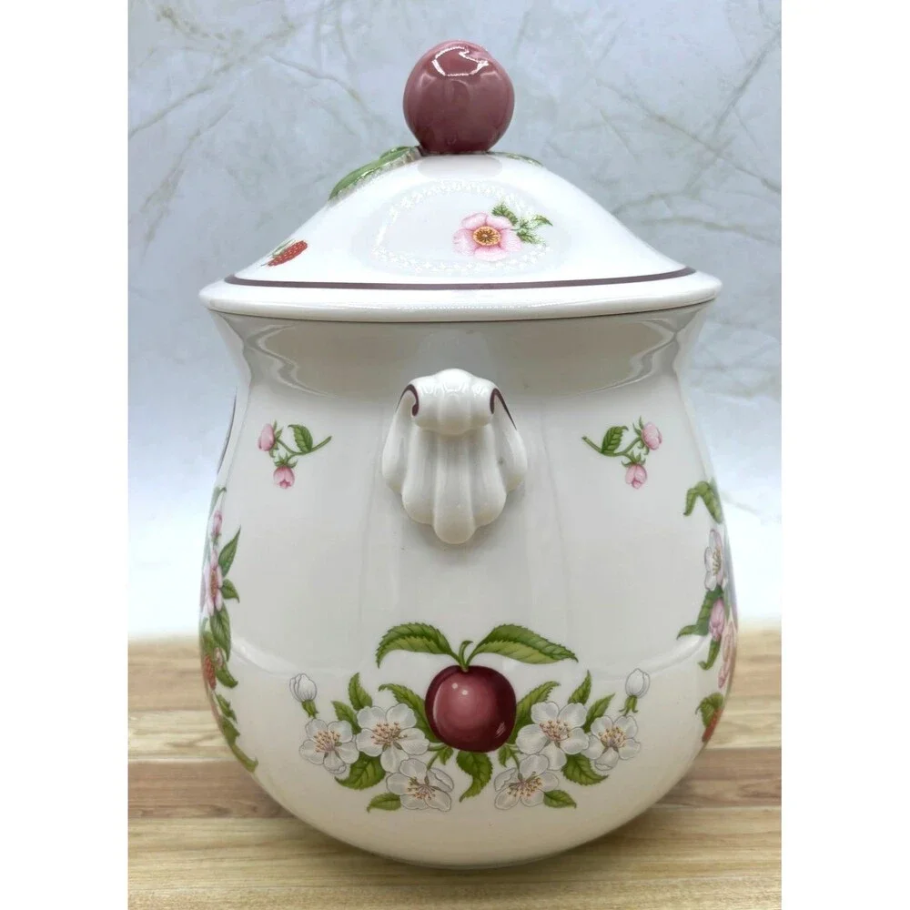 Lenox Ceramic Coffee Canister Orchard Fruit & Floral Design w/Lid Fine Porcelain